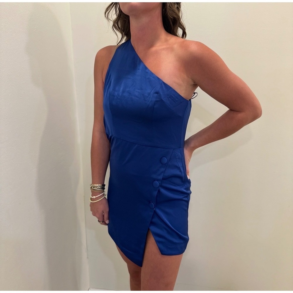 NBD Royal Blue One Shoulder Satin cocktail dress Asymmetrical Wrap X